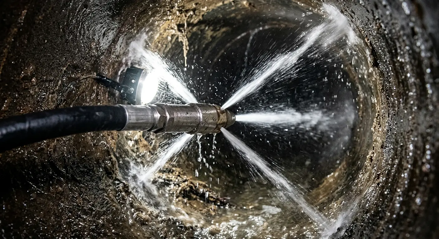 High-pressure hydro jetting nozzle cleaning sewer pipe for Emergency Drain Service in Brushy Creek