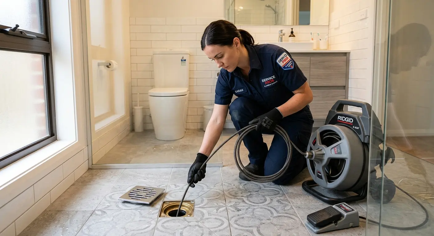 Technician clearing a bathroom floor drain for Drain Repair in Brushy Creek